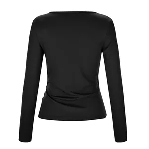 Back view of black ribbed long sleeve top with side ruched detail and buttons