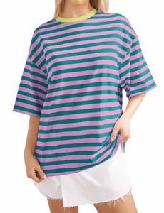 Oversized striped short sleeve T-shirt with pink teal bands and a lime green crew neck.