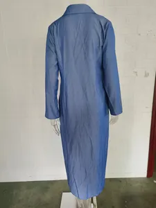 Elegant back view of a blue long-sleeved denim maxi dress displayed on a mannequin