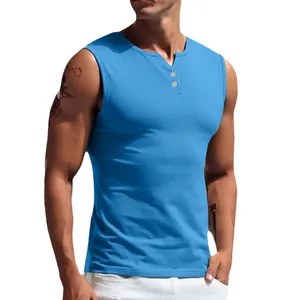 Men's blue sleeveless Henley tank top featuring a three-button placket and breathable fabric.