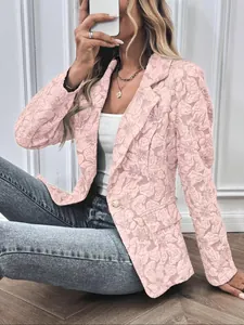 Elegante blazer rosa con jacquard floral estilo retro francés ajustado para mujer hoy