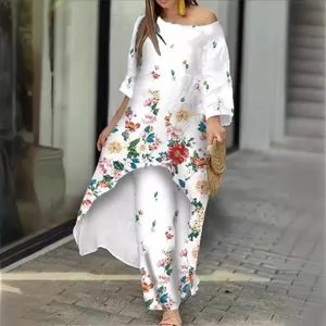 Bohemian-Blumenset bestehend aus schulterfreiem High-Low-Top und weiter Hose