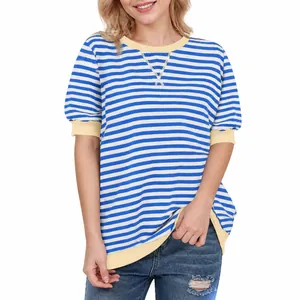 Close-up of blue striped T-shirt with yellow color-block trim and V-stitch neck detail