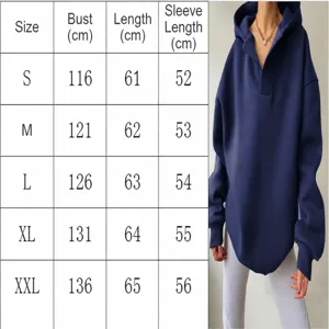 Size chart for women's oversized navy blue solid color V-neck hooded sweatshirt