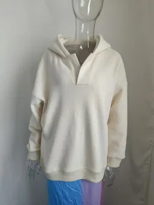 Front view of an off-white V-neck hooded sweatshirt on a transparent mannequin.