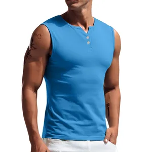 Men's sleeveless Henley tank top in bright blue for casual sports, breathable fitness wear