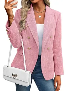 Elegant pink textured blazer for women featuring classic double-breasted gold buttons