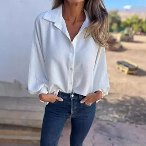 Women Casual Solid Color Long Sleeve Button Down Shirt Lapel Lantern Sleeve Top Blouse Elegant Office Lady Work Wear Fashion Pleated Textured Apparel
