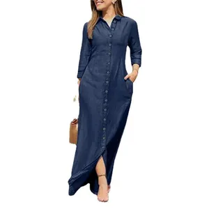Elegant long-sleeved navy blue denim button-down maxi dress with pockets for women