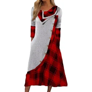 Elegante vestido de talla grande con manga larga, retales de cuadros y cuello volcado