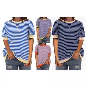 Women Casual Striped T-Shirt Color Block Crew Neck Short Sleeve Top Retro Comfortable Polyester Knit Tee Shirt For Home Wear
