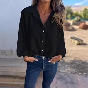 Elegant black long-sleeved button-down shirt with lapel collar for women's daily wear