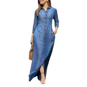 Elegant long sleeve button-down denim maxi dress with lapel collar and pockets.
