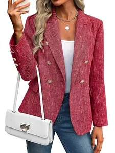 Elegant women's red tweed double-breasted blazer featuring gold button accents