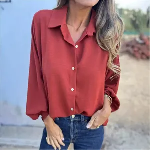 Elegant terracotta long sleeve button down lapel shirt for women casual autumn wear