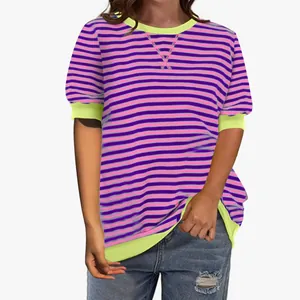 Casual women's striped T-shirt with neon yellow trim and purple-pink patterns