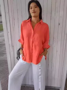 Chemise en lin corail respirante pour femme avec lien au dos pour la mode estivale