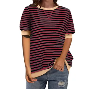 Casual women's striped crew neck T-shirt with red and black pattern and contrast trim