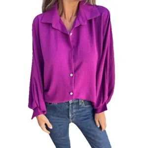 Elegant vibrant purple long-sleeve button-down shirt with classic lapel for women