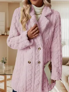 Detail of lavender faux fur coat with cable-knit texture and double-breasted buttons.