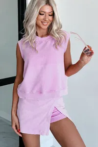 Fashionable lavender two-piece casual set with sleeveless top and matching wrap skort for summer