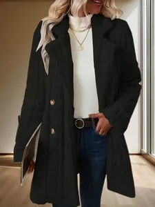 Elegant black double-breasted teddy coat for women with classic lapel design