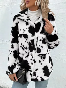 Stylish women's cow print plush jacket featuring a cozy lapel and button-down front