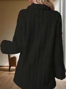 Detailed back view of women's black cable knit long cardigan coat with lapel collar