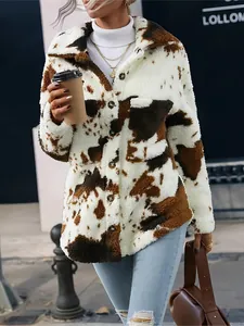 Stylish women's cow print plush jacket with lapel collar and single-breasted buttons in street