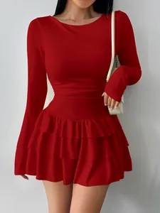 Elegant red long-sleeve slim-fit mini dress featuring tiered ruffled skirt details