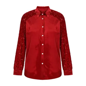 Frontal detail of a red velvet shirt with elegant sequin long sleeves for women