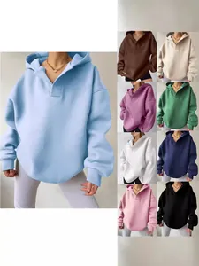 Women's Casual Loose Oversized V-neck Hoodie Long Sleeve Spandex Cotton Blend Pullover Sweatshirt Top For Autumn Winter
