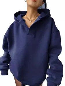 Women's oversized navy blue hooded sweatshirt featuring a unique V-neck polo collar design