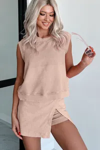 Chic solid beige sleeveless top and asymmetrical shorts two-piece summer leisure set