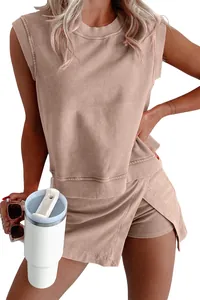 Casual summer two-piece cotton set for women featuring sleeveless top and wrap shorts