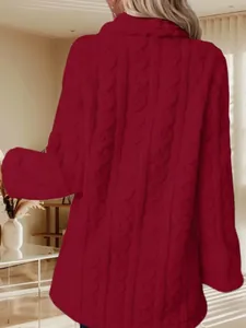 Back view of a cozy red plush long coat showing detailed cable knit texture for winter
