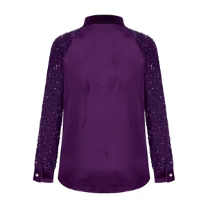 Detailed back view of women's deep purple velvet shirt featuring shiny sequin raglan sleeves