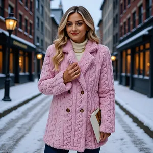 Women Wool Blend Mid-Length Plush Overcoat Lapel Double Breasted Casual Winter Warm Coat With Cable Knit Texture