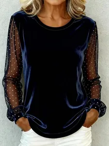 Dames Elegant Fluweel Top Kant Patchwork Polka Dot Mesh Lange Mouw Ronde Hals T-Shirt Woon-werkverkeer Feest Pullover Polyester Blouse