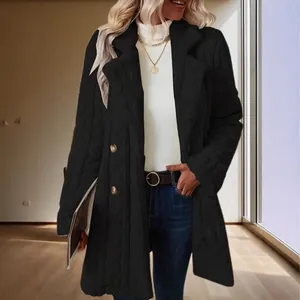 Women's black plush mid-length coat with double-breasted gold buttons and blazer lapels