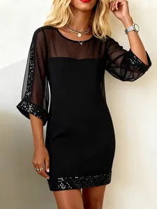 Women Sexy Mesh Patchwork Sequin Slim Dress Knitted Spandex Round Neck Cold Shoulder Party Evening Mini Dress