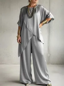 Women Elegant Satin Two-Piece Set Casual Loose Crew Neck Top And Wide Leg Pants Irregular Hem Summer Fashion Outfit Suits