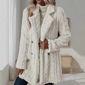 Women's cream plush mid-length coat with lapel collar and double-breasted buttons