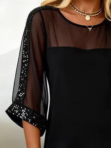 Elegant black mesh sequin dress with semi-transparent sleeves for formal evening parties.