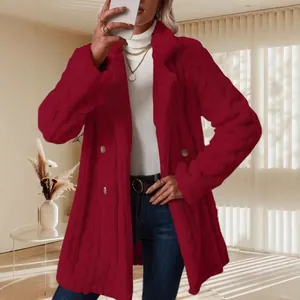 Stylish women's cozy red plush coat featuring a notched collar and double-breasted design.
