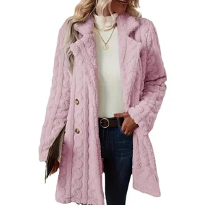 Women's pink plush coat with notched lapel and double-breasted design in mid-length