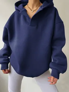 Oversized dunkelblauer V-Ausschnitt Hoodie für Damen mit Rippbündchen und lockerer Passform