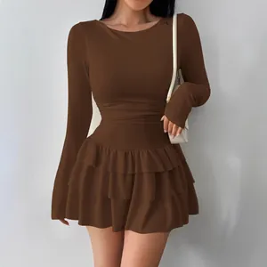Women's Elegant Slim Fit Long Sleeve Dress Mock Neck Tiered Ruffle Hem Solid Color Mini Dress For Autumn Winter Party
