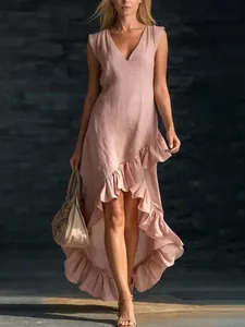 Elegant sleeveless V-neck cotton linen maxi dress with romantic ruffled high-low hem