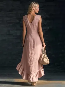 Elegant back view of sleeveless V-neck mauve cotton linen long dress with ruffles